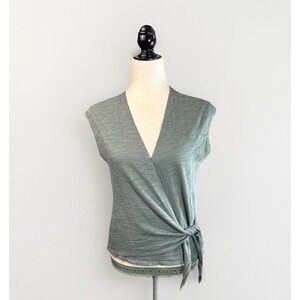 Lilla P Wrap Top Tie Tank S Sage Green Cap Sleeve 100% Cotton Lightweight Shirt